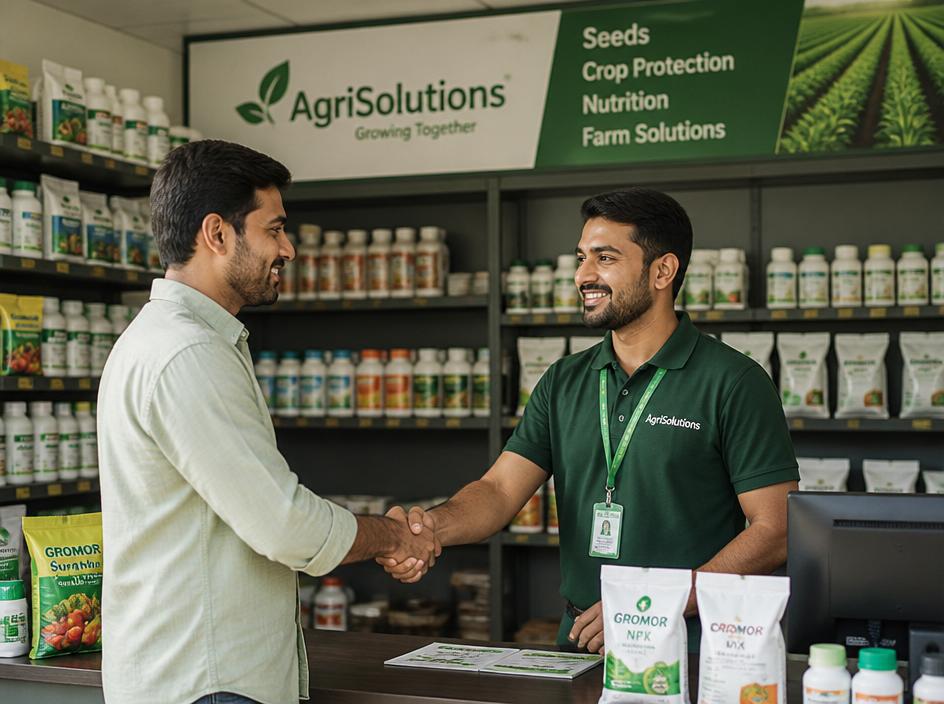 Atendimento em revenda agrícola com prateleiras de produtos